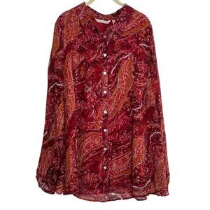 Soft Surroundings Womens 2X Red Paisley Button Front Blouse Long Sleeve Viscose